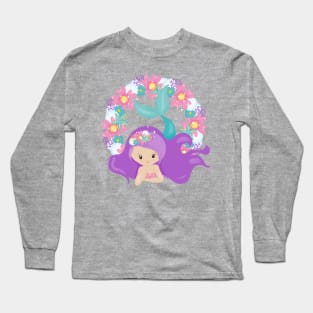 Cute Mermaid, Little Mermaid, Purple Hair, Flowers Long Sleeve T-Shirt